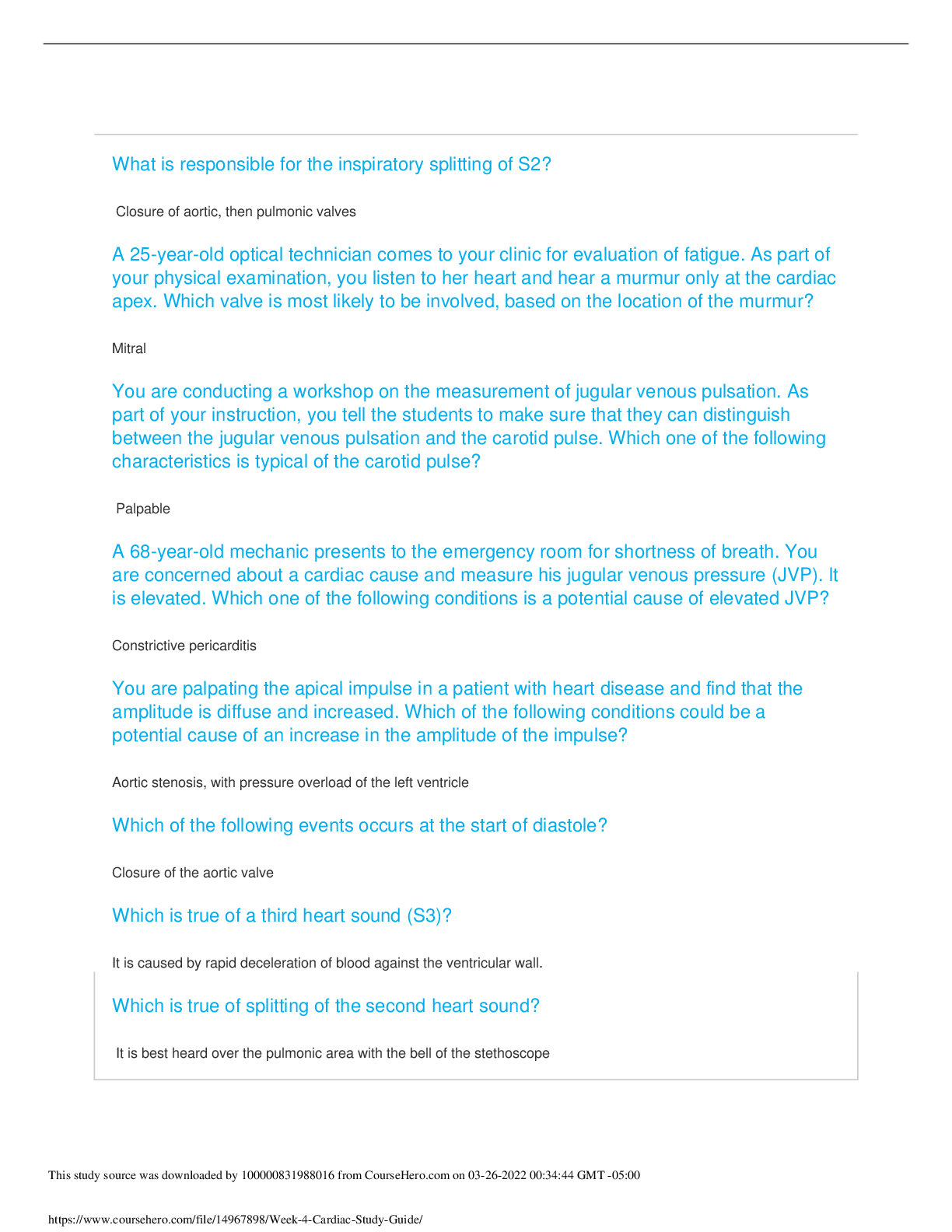 Preview of NSG 6020 / NSG6020 WEEK 4 QUIZ 1 CARDIAC STUDY GUIDE QUESTIONS AND ANSWERS
